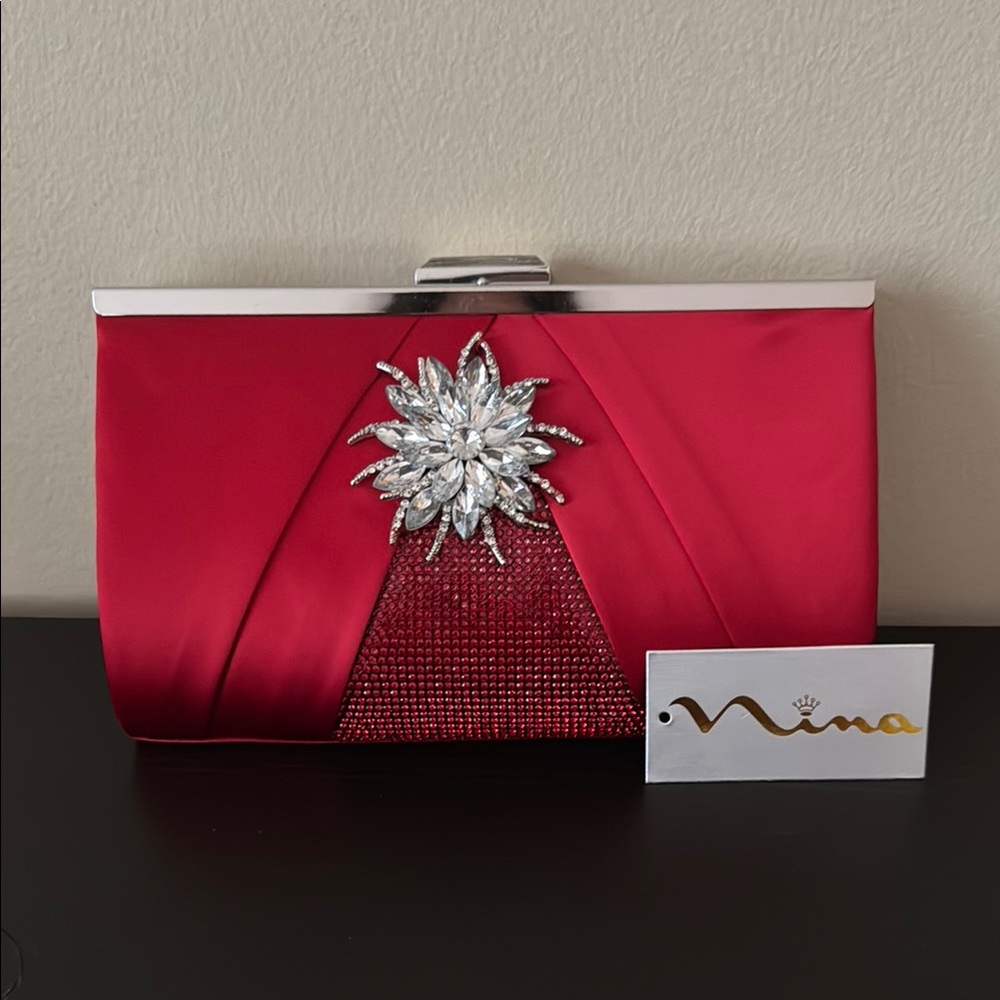 NWT!  Nina Red Clutch Bag with Silver Embellishment